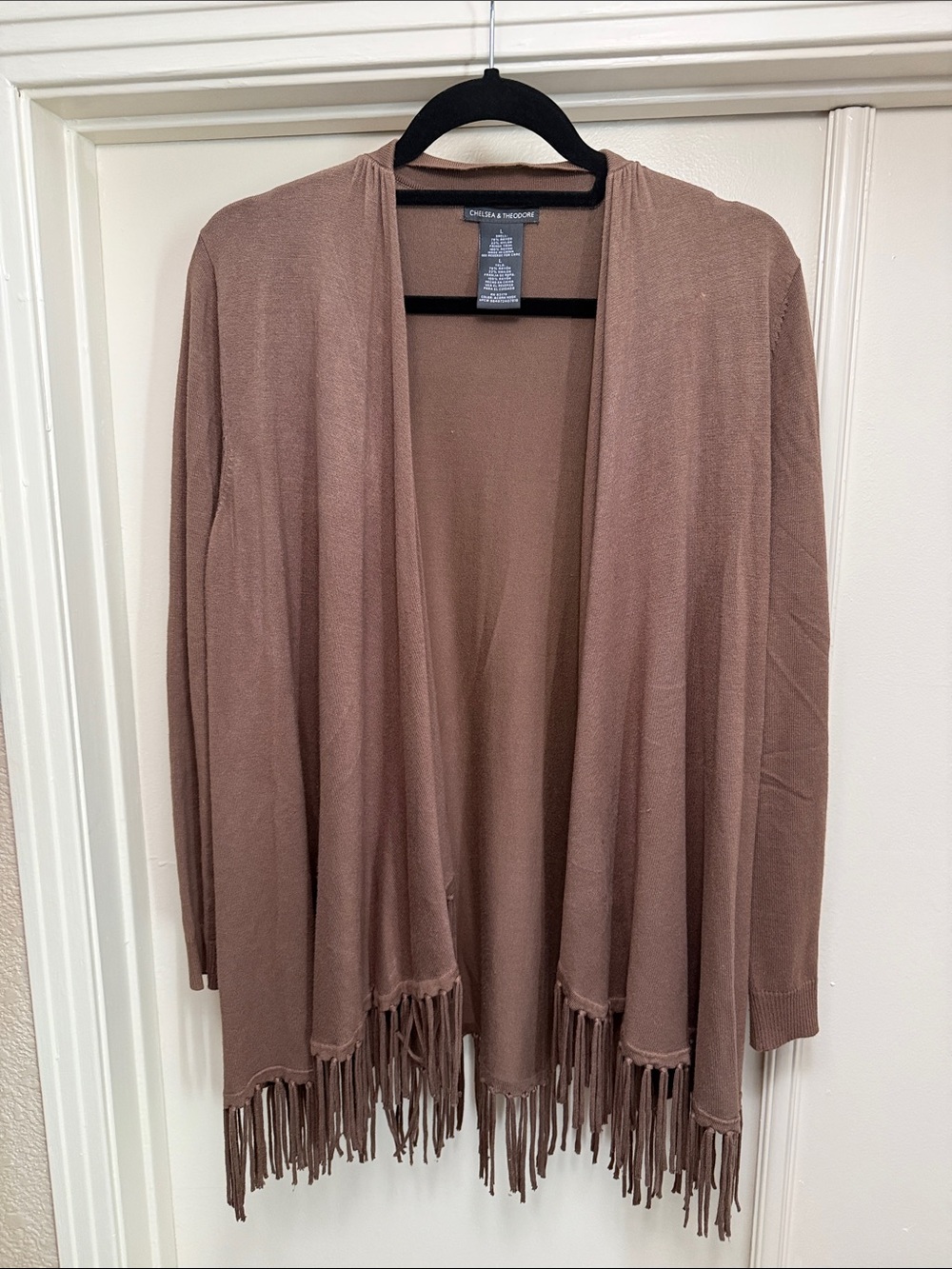 Chelsea & Theodore Brown Open-Front Fringe Cardigan w/fringe. Size L